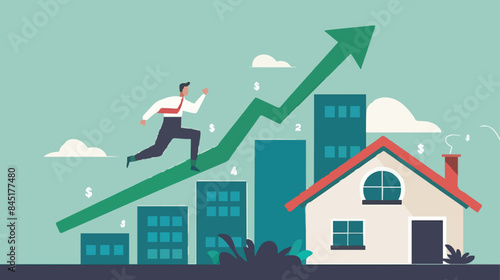 Housing price rising up, real estate or property growth concept, businessman running on rising green graph on house roof. vector