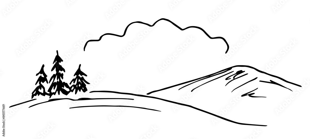 Fototapeta premium Simple vector drawing with black outline. Nature, mountain landscape, coniferous trees. Cloud for title, inscription. Sketch in ink.