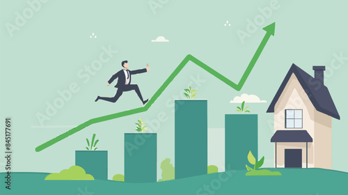 Housing price rising up, real estate or property growth concept, businessman running on rising green graph on house roof. vector