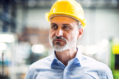 Portrait of project manager standing in modern industrial factory. Manufacturing facility with robotics, robotic arms and automation. Storing products and materials in warehouse. photo