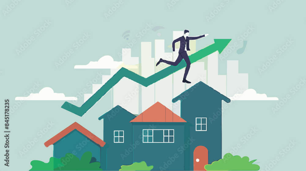 Housing price rising up, real estate or property growth concept, businessman running on rising green graph on house roof. vector Housing price rising up, real estate or property growth concept, businessman running on rising green graph on house roof. vector