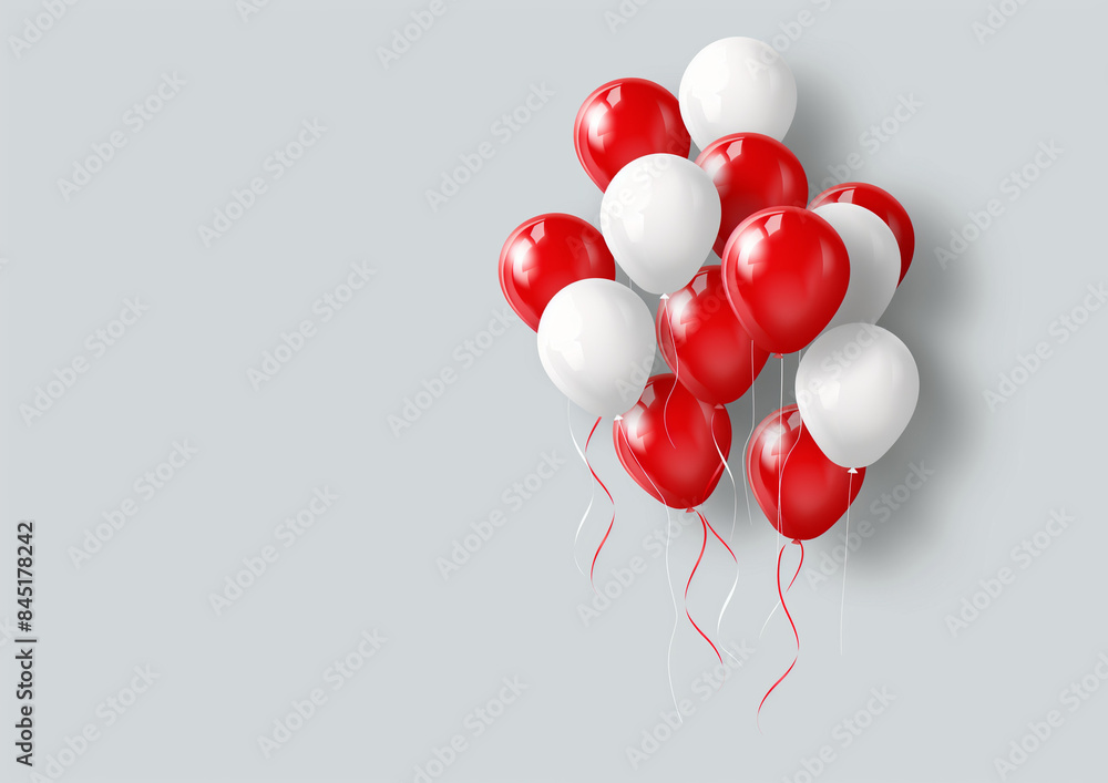 Red and white balloons on red background. Festive composition for greeting cards, party flyers or social media posts. Vector illustration with copy space. ,8k, ultra detailed, photorealistic, hd, Red and white balloons on red background. Festive composition for greeting cards, party flyers or social media posts. Vector illustration with copy space. ,8k, ultra detailed, photorealistic, hd,