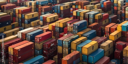 ows of cargo containers are stacked at a massive container port, creating a vibrant and bustling scene. The port is filled with the sounds of cranes and machinery as workers. Generative AI