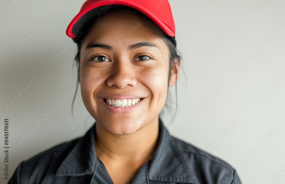 A restaurant manager. A portrait of a fast food worker wearing the uniform. A young smiling Filipino woman wearing a red cap and black shirt working at a fast food restaurant. Employee A restaurant manager. A portrait of a fast food worker wearing the uniform. A young smiling Filipino woman wearing a red cap and black shirt working at a fast food restaurant. Employee