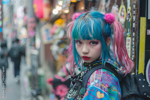 Young Asian woman with blue and pink dyed hair and bold street fashion clothing in city street