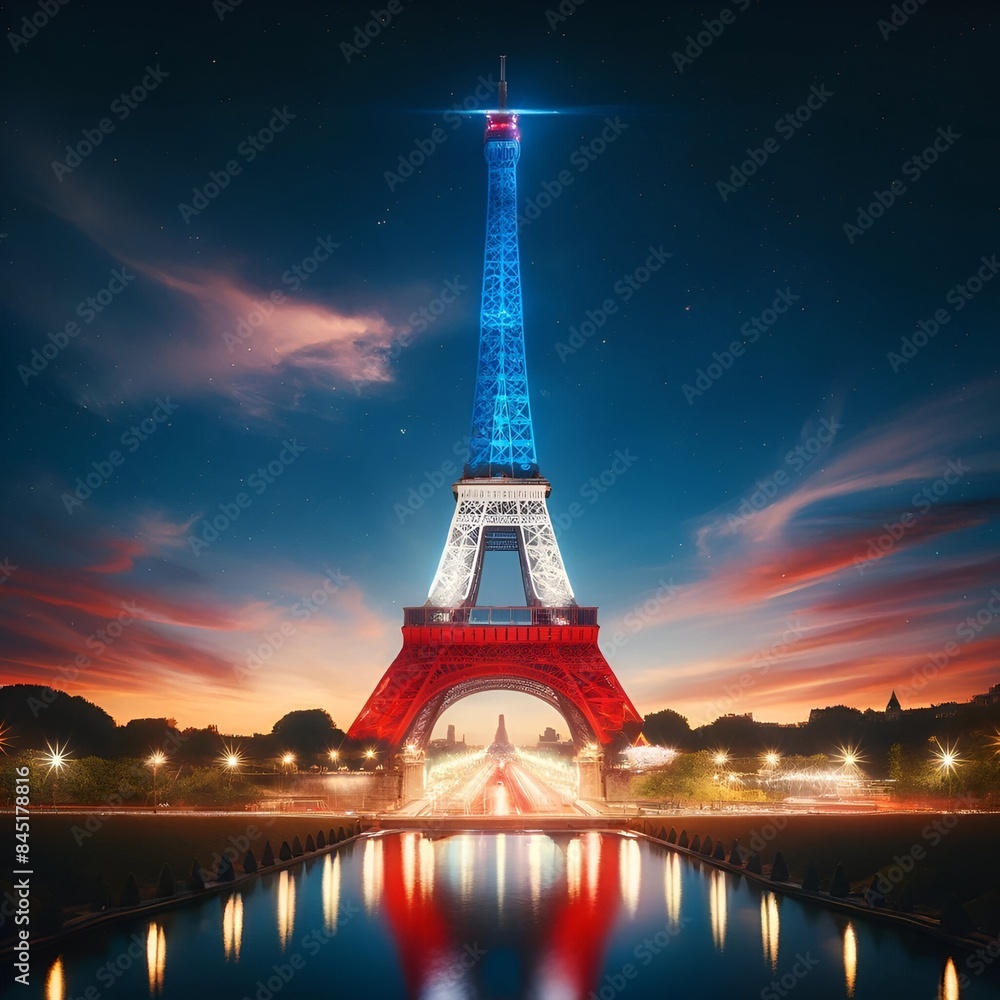 Fototapeta premium Illustration for Bastille Day in France with Eiffel Tower in colors of French flag.