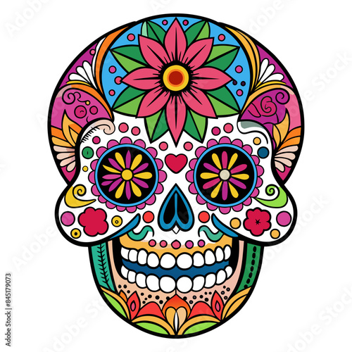 Ddetailed sugar skull with vibrant colors, floral patterns, and ornate decorations, celebrating the Day of the Dead