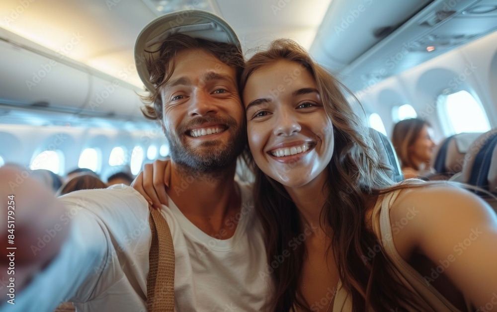 A man and woman are smiling for the camera on an airplane. The man is wearing a hat and the woman is wearing a tank top A man and woman are smiling for the camera on an airplane. The man is wearing a hat and the woman is wearing a tank top