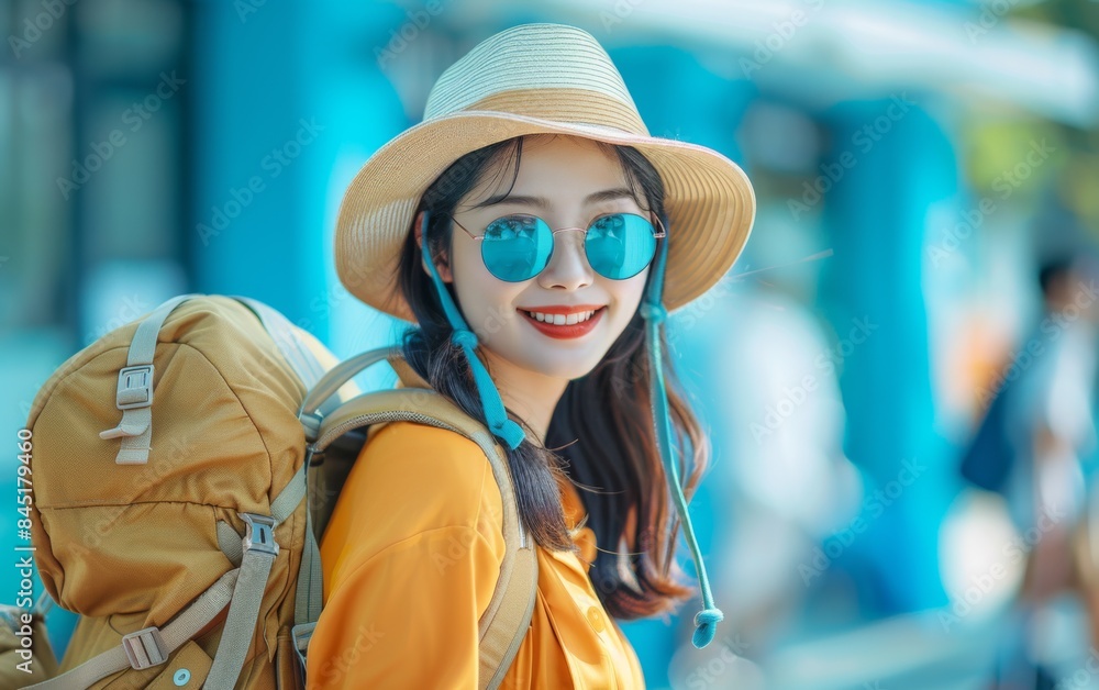 A woman wearing a yellow shirt and a straw hat is smiling and posing for a picture. She is wearing sunglasses and has a backpack on her back