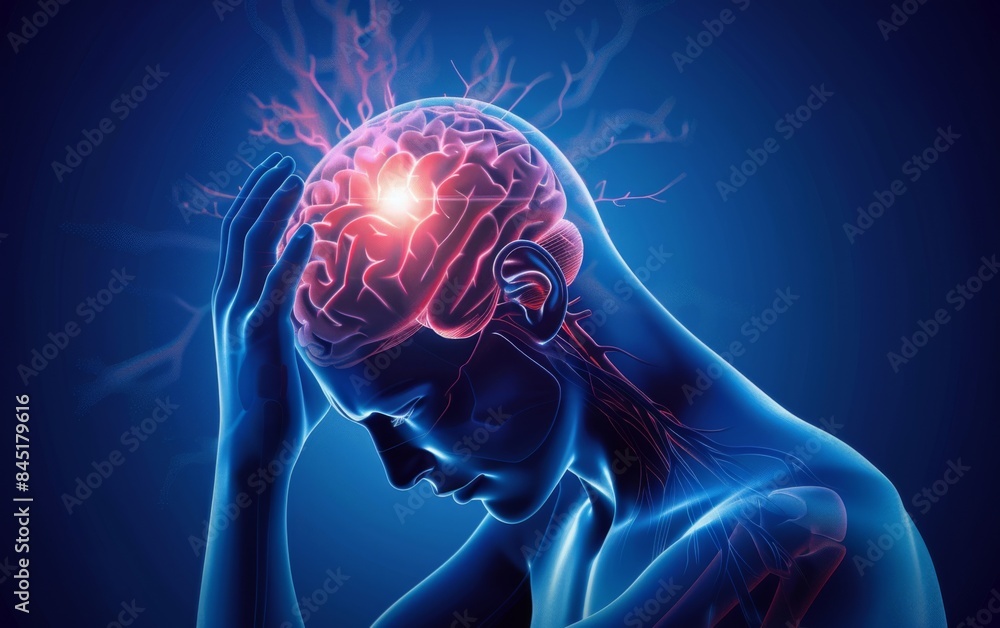 A woman's head is shown with a red spot on it. The image is in blue and red colors. The woman is looking down and she is in pain. Scene is somber and serious A woman's head is shown with a red spot on it. The image is in blue and red colors. The woman is looking down and she is in pain. Scene is somber and serious