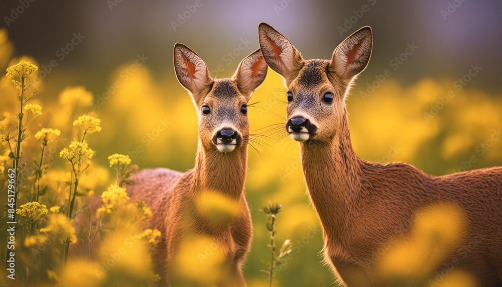 Roe deer capreolus capreouls couple int rutting season staring on a field with yellow wildflowers two wild animals standing close together love concept Roe deer capreolus capreouls couple int rutting season staring on a field with yellow wildflowers two wild animals standing close together love concept