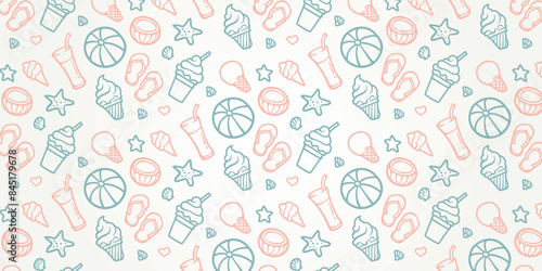 hand drawn line art summer beach seamless pattern vector illustration design. minimalist pattern for a beach holiday background concept
