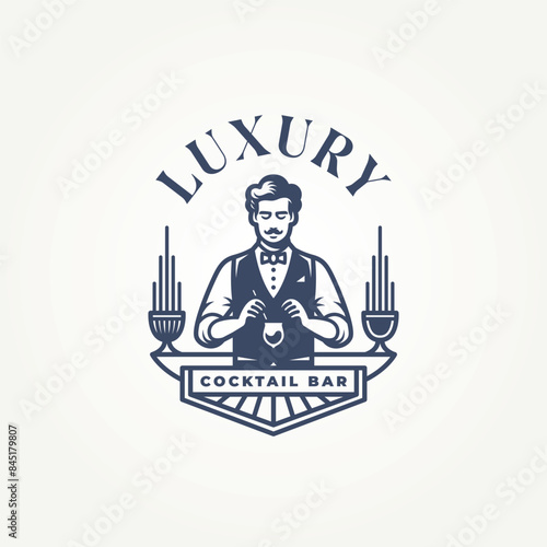 luxury bar and eatery with bartender making cocktail label logo vector illustration design