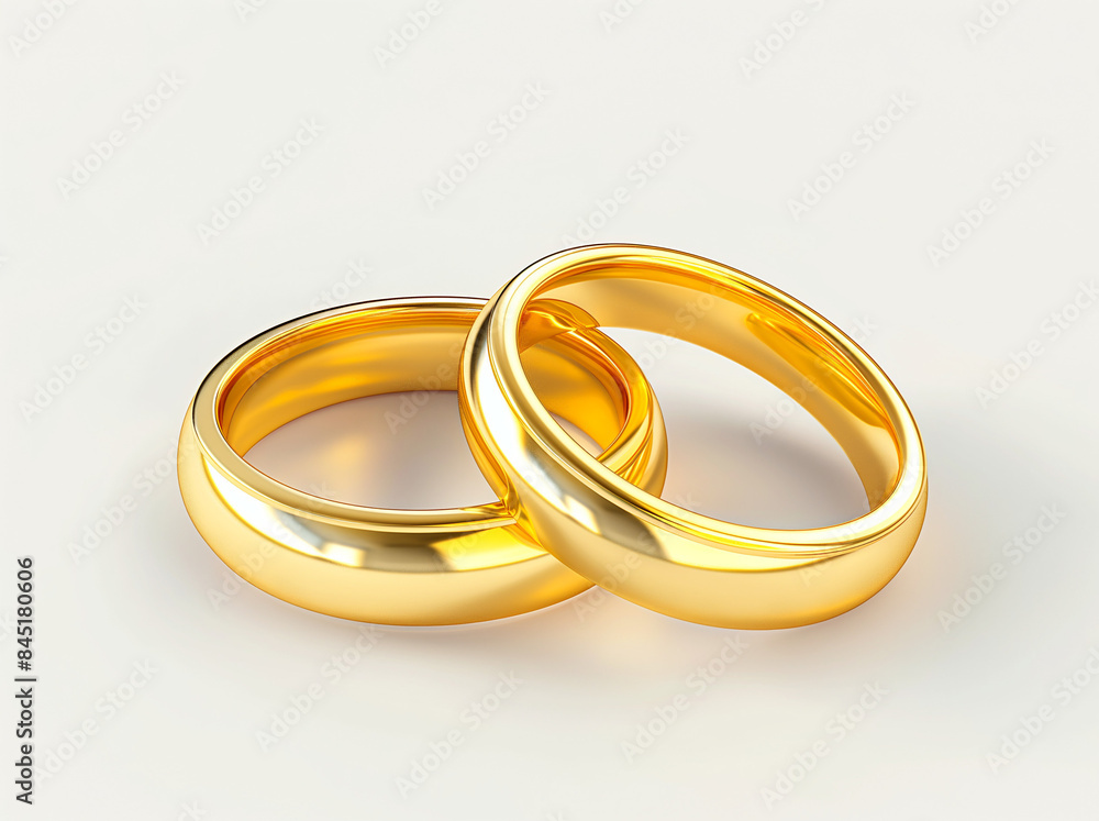 Two golden rings in the style of a simple wedding style on a white background in high resolution product photography in a bright environment with clear focus using a macro lens with soft light source Two golden rings in the style of a simple wedding style on a white background in high resolution product photography in a bright environment with clear focus using a macro lens with soft light source