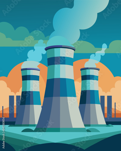 The cooling towers hum softly in the background a constant reminder of the factorys commitment to renewable energy solutions.. Vector illustration