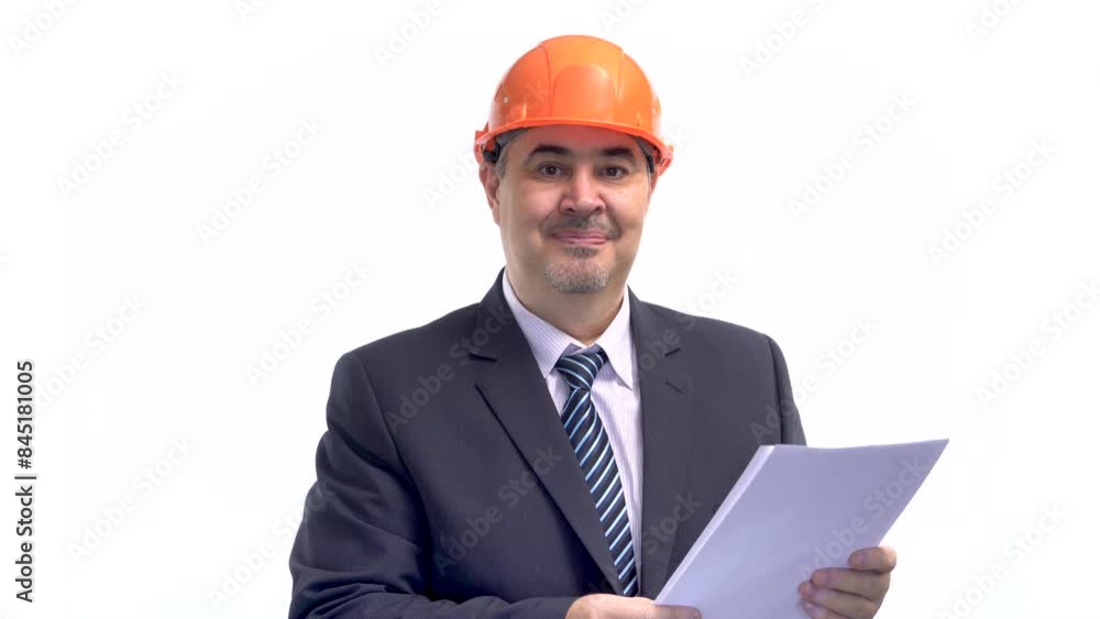 A man in suit and hard hat reviews paperwork, then turns to smile at camera. Site manager inspects construction site. White background. A man in suit and hard hat reviews paperwork, then turns to smile at camera. Site manager inspects construction site. White background.