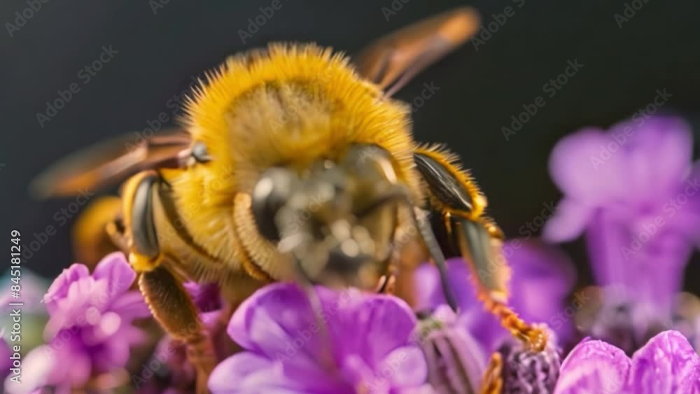 close-up beautiful yellow bee on pink lavender in blossom on a black background close-up beautiful yellow bee on pink lavender in blossom on a black background