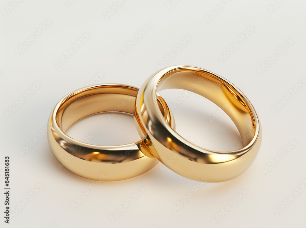 Two golden rings in the style of a simple wedding style on a white background in high resolution product photography in a bright environment with clear focus using a macro lens with soft light source Two golden rings in the style of a simple wedding style on a white background in high resolution product photography in a bright environment with clear focus using a macro lens with soft light source
