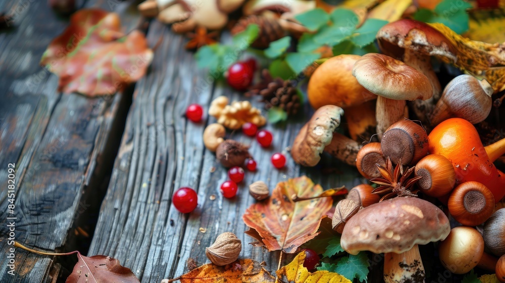 Forest Harvest in Autumn Wild Mushrooms Berries Nuts and Leaves on a Wooden Table Forest Harvest in Autumn Wild Mushrooms Berries Nuts and Leaves on a Wooden Table
