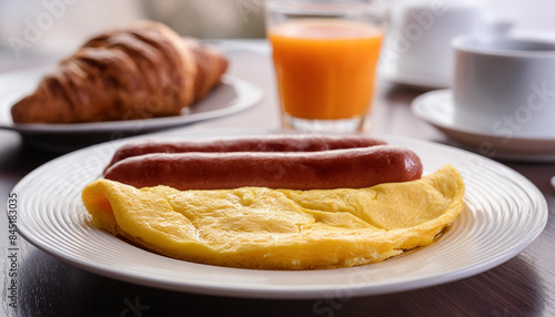 A breakfast plate with a folded omelet, sausage, a croissant, and a glass of orange juice photo