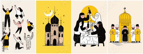Hand drawn illustration style of Eid religious celebration. Set of banners for islamic religion