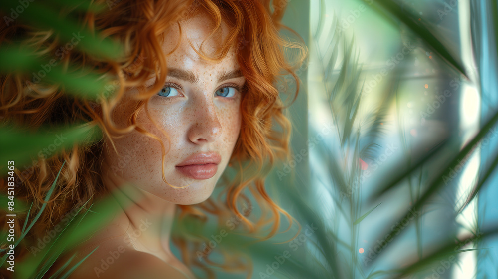 Ragazza con capelli rossi e ricci tra le foglie di piante tropicali in un centro benessere durante una vacanza Ragazza con capelli rossi e ricci tra le foglie di piante tropicali in un centro benessere durante una vacanza