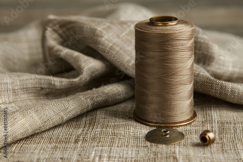 Bronze Thread Spool with Thimble on Linen: A rustic yet refined composition with a bronze thread spool photo