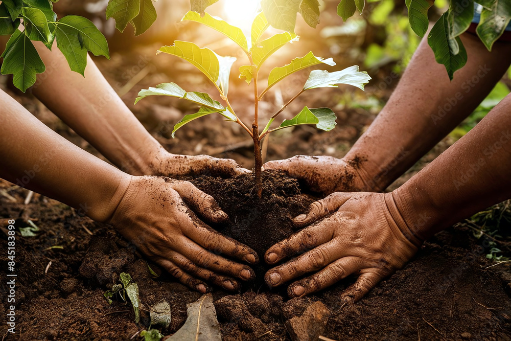 Fototapeta premium Hands gently planting a young tree seedling in rich soil amidst a vibrant forest, symbolizing environmental conservation and the nurturing of new life. 