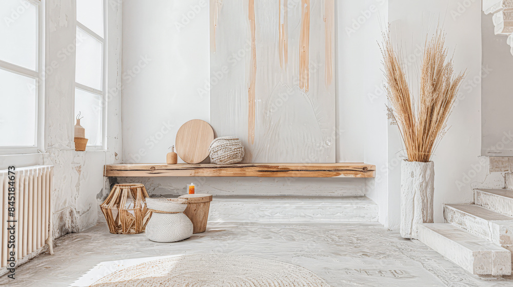 Minimalist interior design composition with fancy ornaments and copyspace for text. Home decor concept image in earthy bright tones. Minimalist interior design composition with fancy ornaments and copyspace for text. Home decor concept image in earthy bright tones.