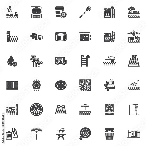 Swimming pool service vector icons set