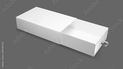 White open slide box mockup side view. 3d paper gift drawer package render. Realistic cardboard sleeve matchbox above layout. Retail pack for elegant branding and product presentation design