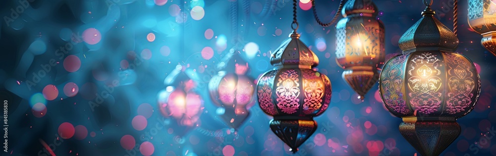 Colorful Eid Lanterns Floating on Pastel Sky Colorful Eid Lanterns Floating on Pastel Sky