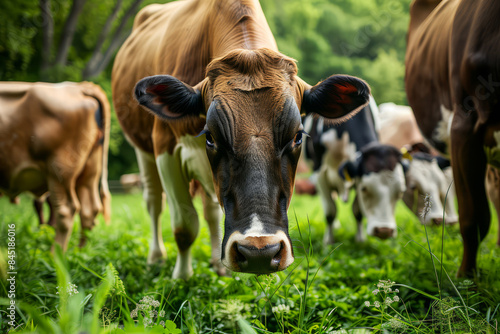 Close-up of a group of cows grazing in a lush green pasture, with a central cow looking directly at the camera.