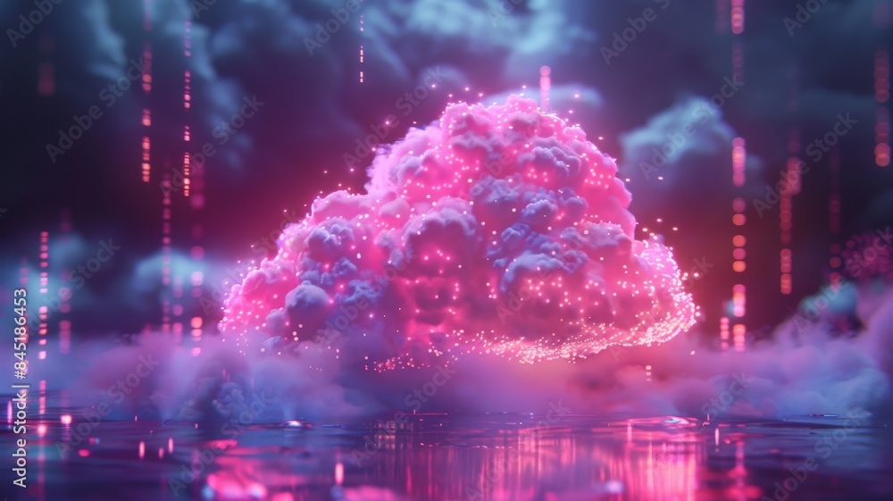 Futuristic Dreamy Neon Cloud with Glowing Particles in a Cyberpunk Landscape Surrounded by Digital Data Streams and ReflectionsFuturistic Futuristic Dreamy Neon Cloud with Glowing Particles in a Cyberpunk Landscape Surrounded by Digital Data Streams and ReflectionsFuturistic