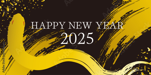 2025年巳年、和風の金と黒と蛇の
年賀状テンプレート　HAPPY NEW YEAR