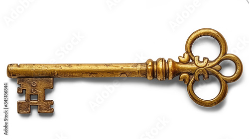 A single brass key, antique and ornate