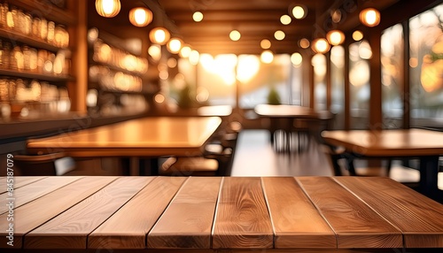 A close-up view of a wooden table inside a restaurant, set against a blurry background creating a warm and cozy atmosphere