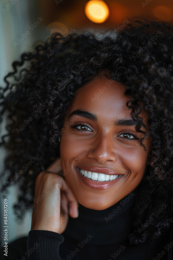 Close-up of a smiling black woman with curly hair Close-up of a smiling black woman with curly hair