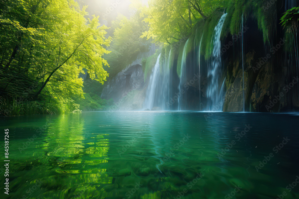 Exotic waterfall and lake landscape lush greenery, natural beauty and tranquility of lakes National Park. showcasing the beauty of nature for Ads, banner, magazine. Generative AI Exotic waterfall and lake landscape lush greenery, natural beauty and tranquility of lakes National Park. showcasing the beauty of nature for Ads, banner, magazine. Generative AI