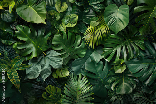Artistic composition of an assortment of tropical plants with lush green leaves, featuring different textures ideal for a botanical. Flat lay, dark nature concept, tropical leaf. Generative AI
