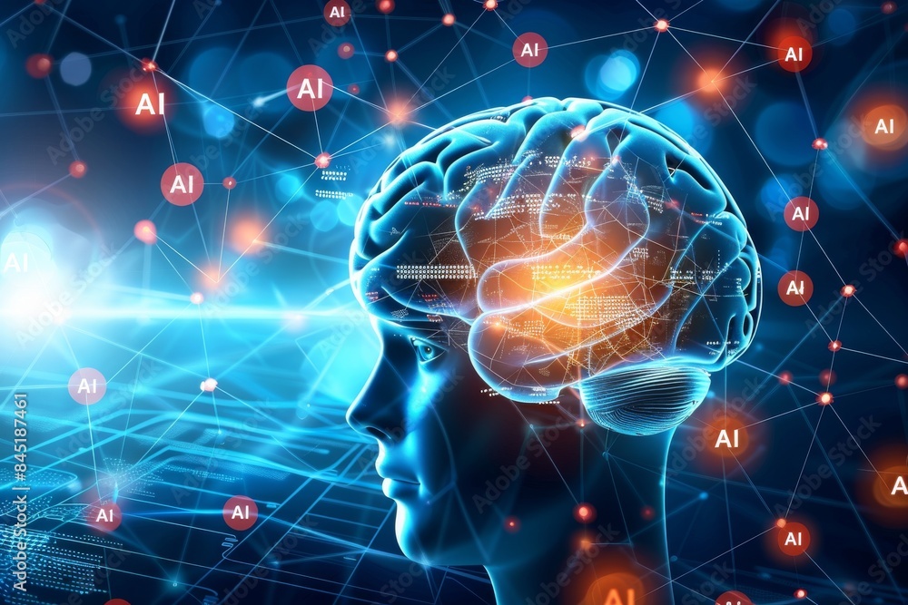 High tech brain with glowing neural networks and digital connections, AI illustration, vibrant colors, advanced technology concept High tech brain with glowing neural networks and digital connections, AI illustration, vibrant colors, advanced technology concept