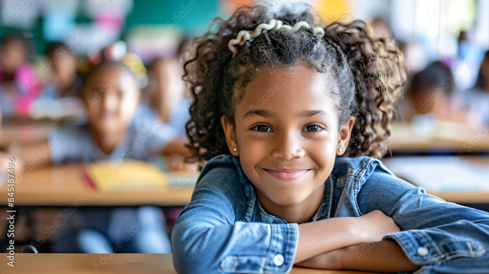 Young child sitting at their desk, smiling and ready for their first lesson of the new school year Young child sitting at their desk, smiling and ready for their first lesson of the new school year