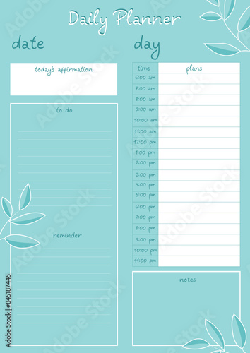 Daily planner for important notes and scheduling. Modern design in blue color with leaves on branches. Suitable for school, college, university and habit building.