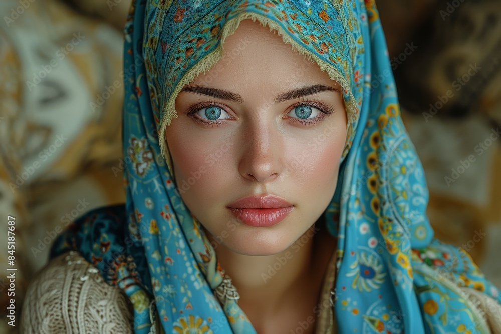 Striking Portrait of a Young Woman with Blue Eyes Wearing an Intricately Patterned Blue Headscarf Featuring Exquisite Detailing and Rich Texturesblue eyes Striking Portrait of a Young Woman with Blue Eyes Wearing an Intricately Patterned Blue Headscarf Featuring Exquisite Detailing and Rich Texturesblue eyes