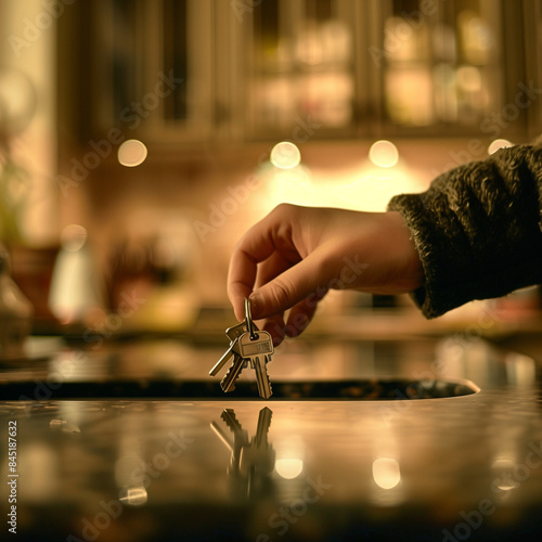A person's hand quickly grabbing a set of keys from a kitchen countertop, with motion blur to emphasize the speed of the action, and a homey kitchen scene in the background 