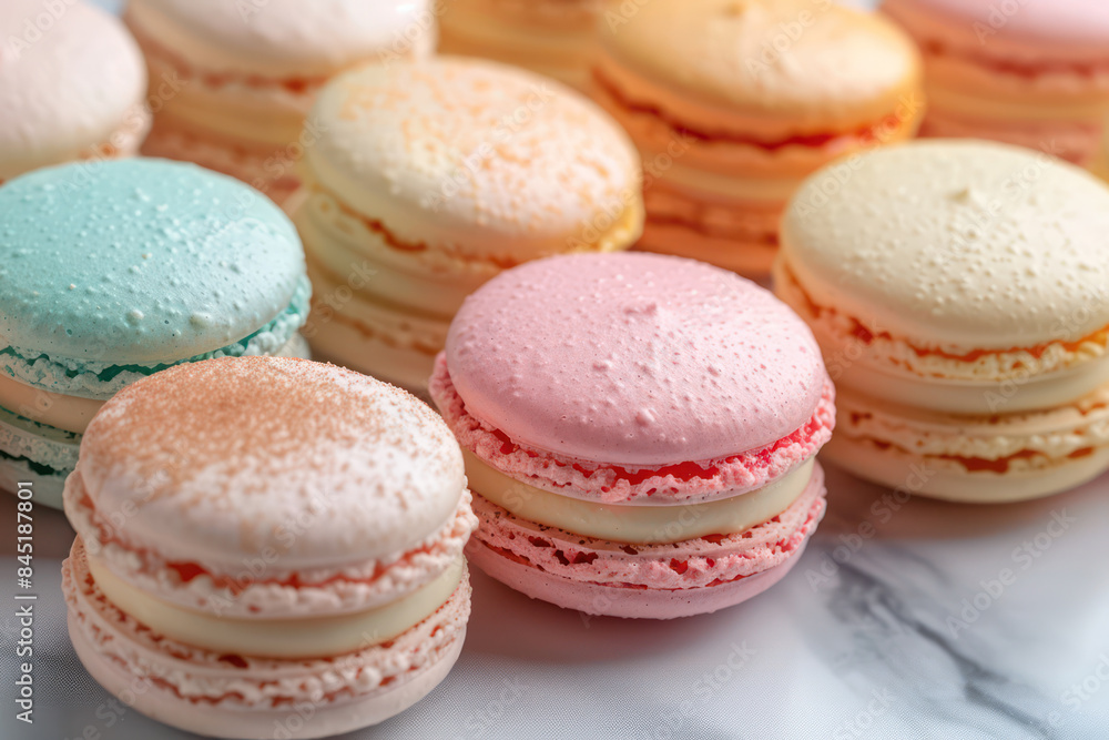 Close-up of a French Macaron colorful selection, pastel colors and delicate textures, dessert and cake style. Macarons or macaroons is French dessert for served with tea or coffee break Close-up of a French Macaron colorful selection, pastel colors and delicate textures, dessert and cake style. Macarons or macaroons is French dessert for served with tea or coffee break