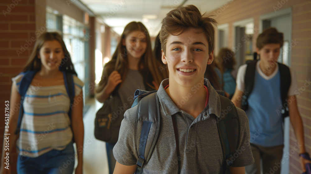 Group of high school students with backpacks, walking and talking in the school corridor on the first day back