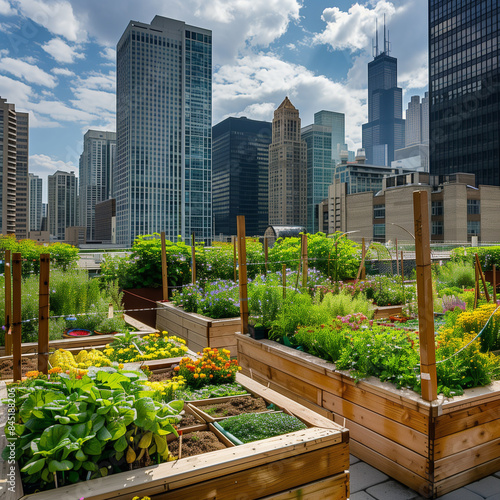 A vibrant rooftop garden in a city, with raised beds filled with various vegetables, herbs, and flowers, and skyscrapers in the background, showcasing the contrast between greenery and urban architect