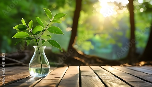 A green plant displayed in a simple glass vase set on a rustic wooden floor, showcasing a natural and elegant decor