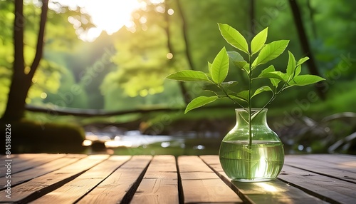 A green plant displayed in a simple glass vase set on a rustic wooden floor, showcasing a natural and elegant decor